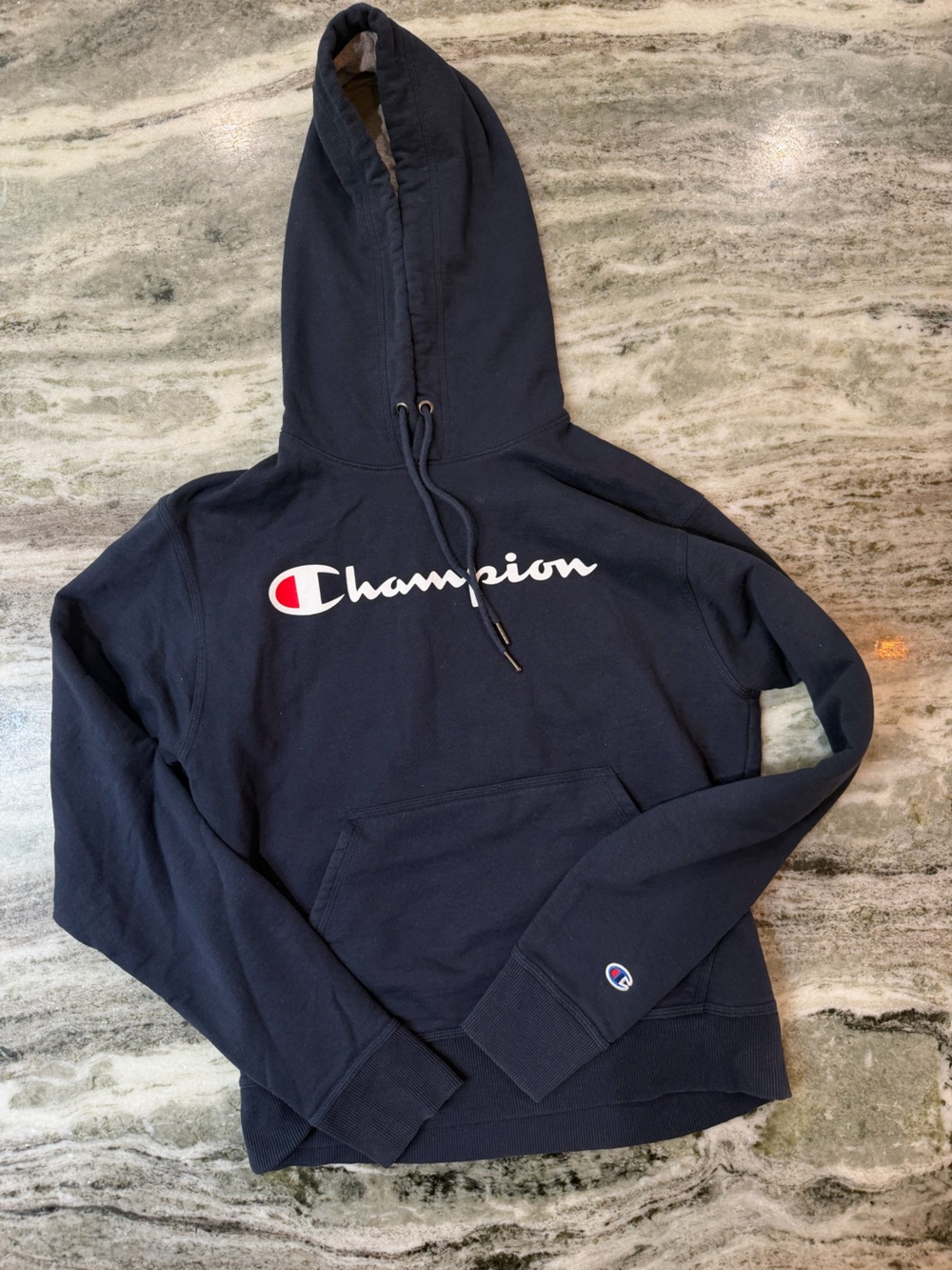 Champion Navy Blue Pullover Hoodie with Script Logo